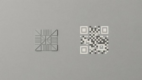 Simple abstract minimalist illustration contrasting two lead-retrieval methods — geometric shapes suggesting an RFID chip and a QR code side by side, muted color palette, no people, no text, no logos