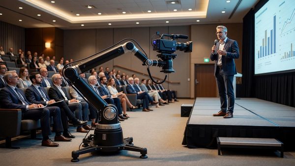 Automated robotic camera system tracking a speaker on stage during a conference breakout session