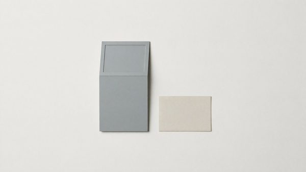 Simple abstract minimalist illustration representing self-service check-in — geometric shape suggesting a kiosk screen and a printed badge, muted color palette, no people, no text, no logos