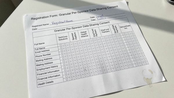 Registration form showing granular per-sponsor data-sharing consent checkboxes for individual data fields
