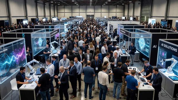Crowded tech conference exhibition hall showing high demand for booth space among AI technology vendors