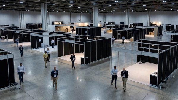 Tech conference exhibition hall with more open booth space, reflecting cooling sponsorship demand