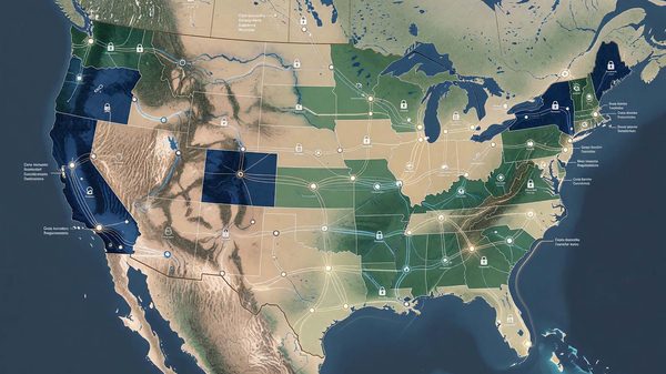 Map-style illustration showing multiple US states with different privacy law requirements affecting event data
