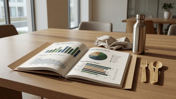 Conference venue sustainability report showing carbon footprint and waste reduction metrics