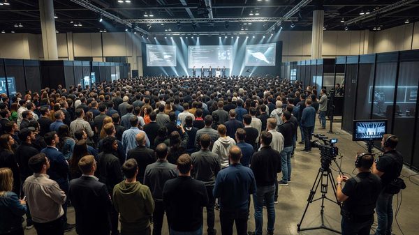 Crowded tech conference exhibition hall with attendees and a livestream camera capturing the keynote stage