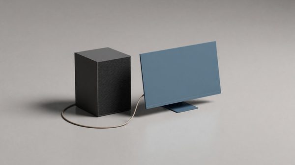 Simple abstract minimalist illustration representing tradeshow AV equipment — geometric shapes suggesting a speaker, monitor, and cable, muted color palette, no people, no text, no logos