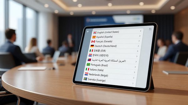 Conference app language selection screen showing an expanded list of available real-time translation languages