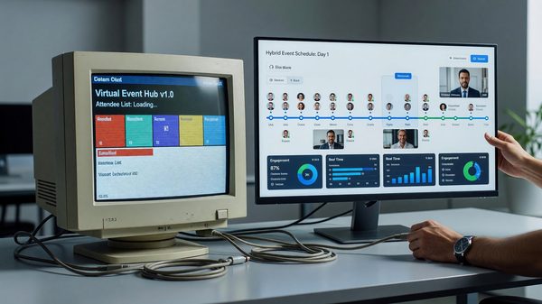 Outdated virtual event platform interface being replaced by a modern hybrid event management dashboard