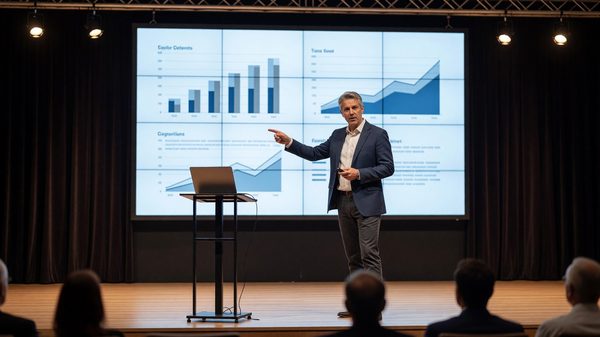 Speaker wirelessly casting a laptop presentation to a large conference stage display